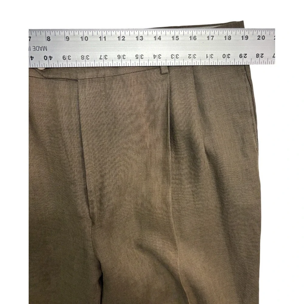 vtg 90s Brown Linen Pants 38x30 High Waisted Pleated Cuffed Relaxed Trousers